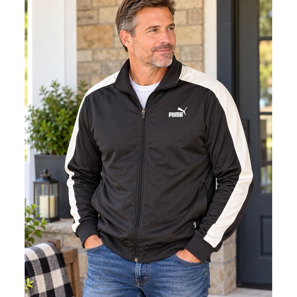 Puma Mens XXL Track Jacket Black White Full Zip Logo Athletic Retro